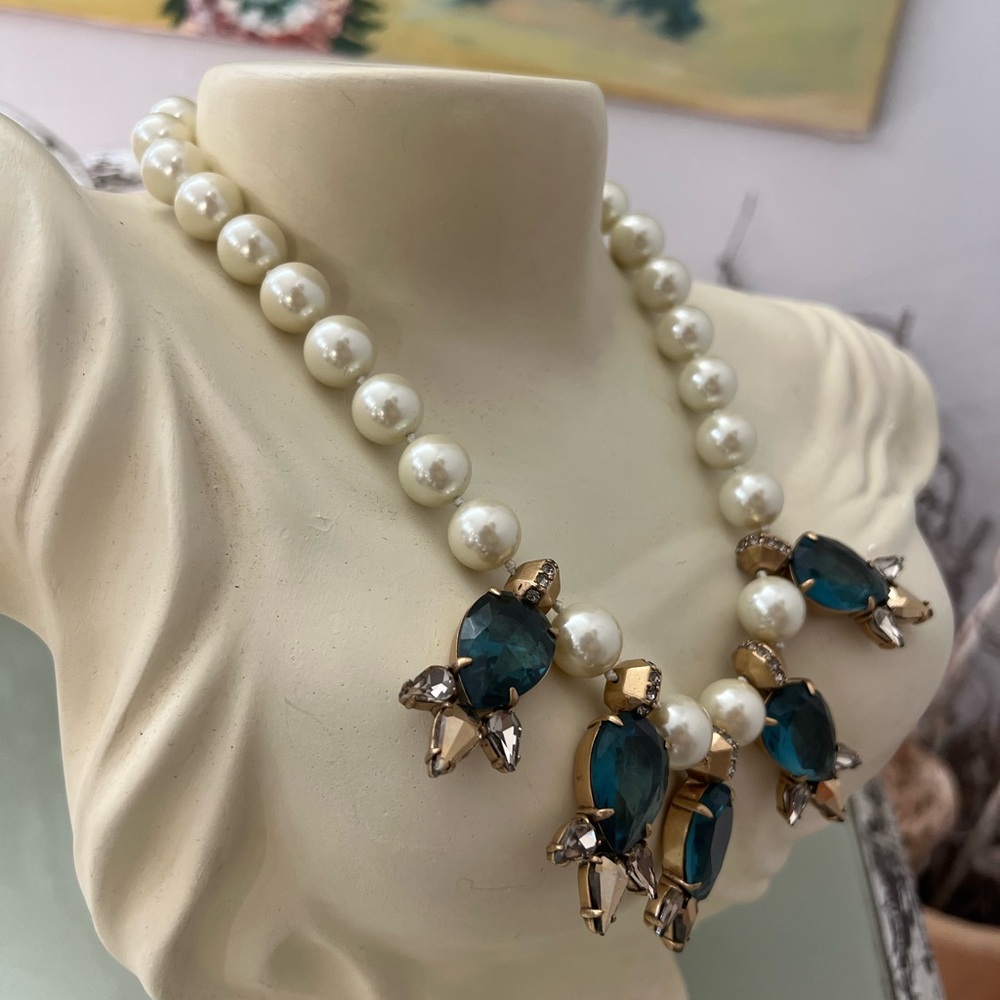 Elegant Pearl and Blue Gem Necklace